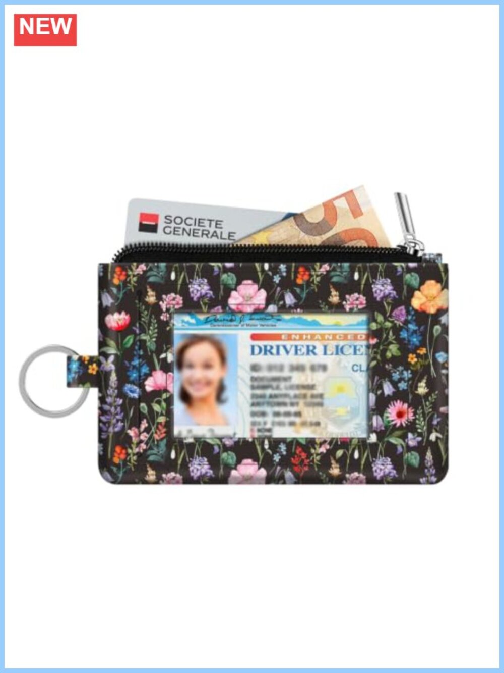 Slim RFID Blocking Zip ID Case Card Holder Coin Purse Wallet with Key Ring